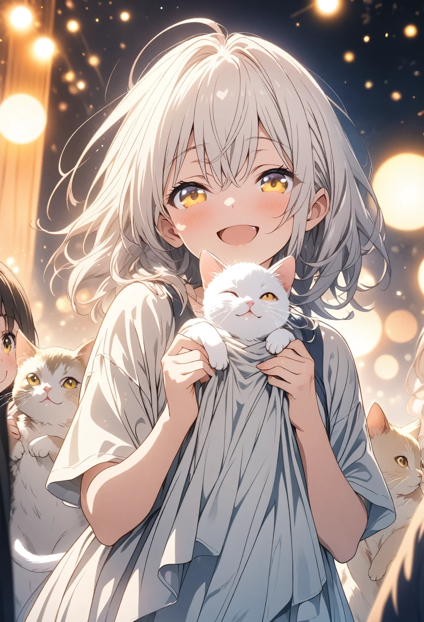 masterpiece, Highest quality, Highly detailed CG Unity 8k wallpaper, High School Girl Anime Illustration. Wear an oversized tank top、Standing in honorポーズをする、she has her eyes closed and mouth open, smile. The background is a light pastel colored landscape..., white hair color, Yellow Eyes, With kittens, Cowboy Shot, bokeh photography, (soft focus):1.2, out-of-focus highlights, dreamy ambiance, glowing circles