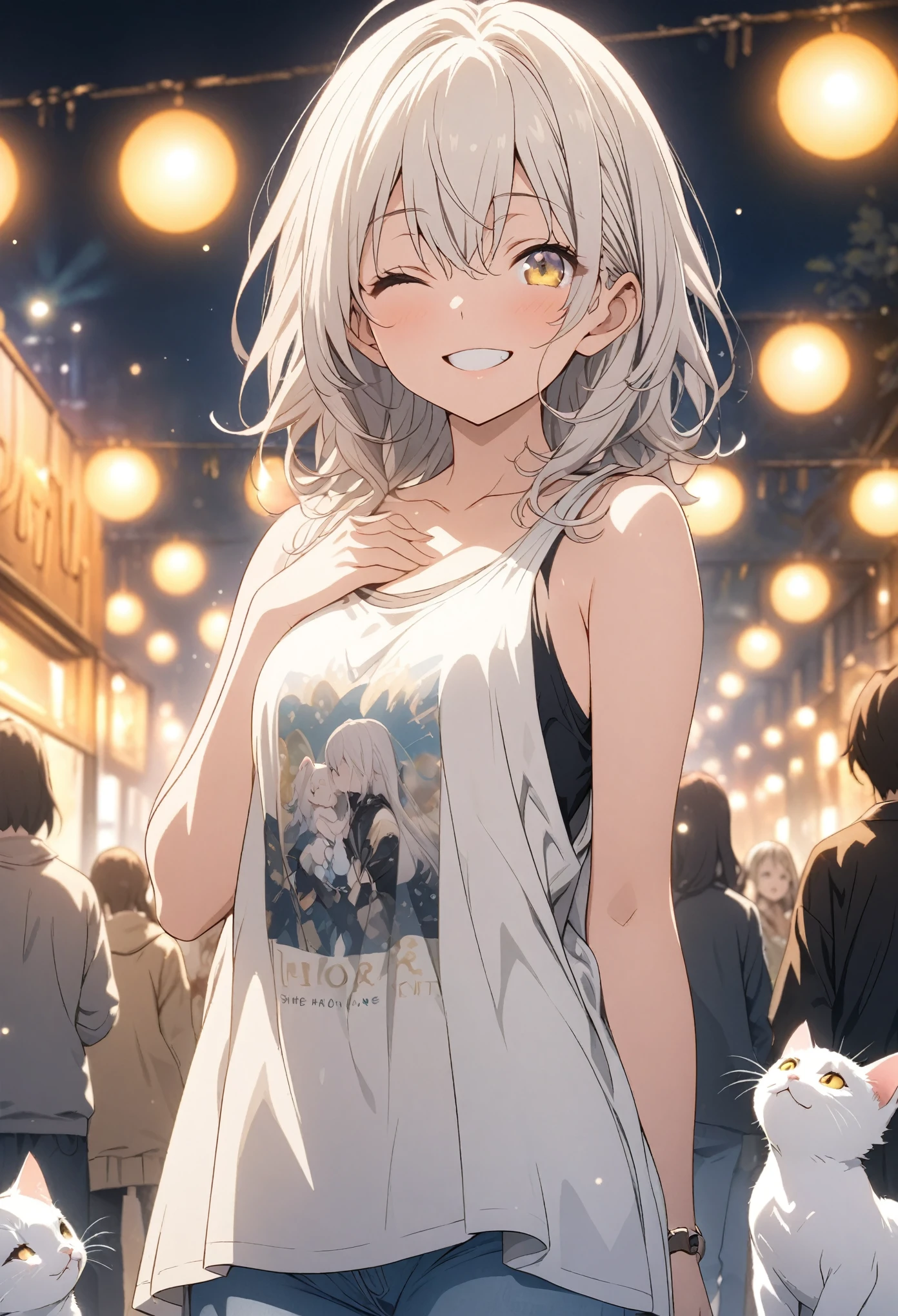 masterpiece, Highest quality, Highly detailed CG Unity 8k wallpaper, High School Girl Anime Illustration. Wear an oversized tank top、Standing in honorポーズをする、she has her eyes closed and mouth open, smile. The background is a light pastel colored landscape..., white hair color, Yellow Eyes, With kittens, Cowboy Shot, bokeh photography, (soft focus):1.2, out-of-focus highlights, dreamy ambiance, glowing circles