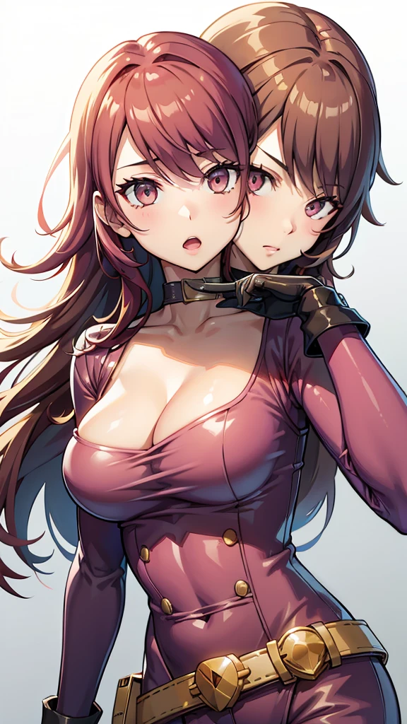(masterpiece, best quality), best resolution, 16k, BREAK close-up, BREAK, (2heads:1.5), (cheek-to-cheek), 1girl, solo, BREAK kirijoarena, hair over one eye, fur coat, bodysuit, belt, BREAK TAKEBAARENA, PINK BODYSUIT, WHITE GLOVES, CHOKER, CLEAVAGE BREAK ((eyes up looking sideways:1.3)), BREAK surprised, frustrating, open mouth, BREAK simple background