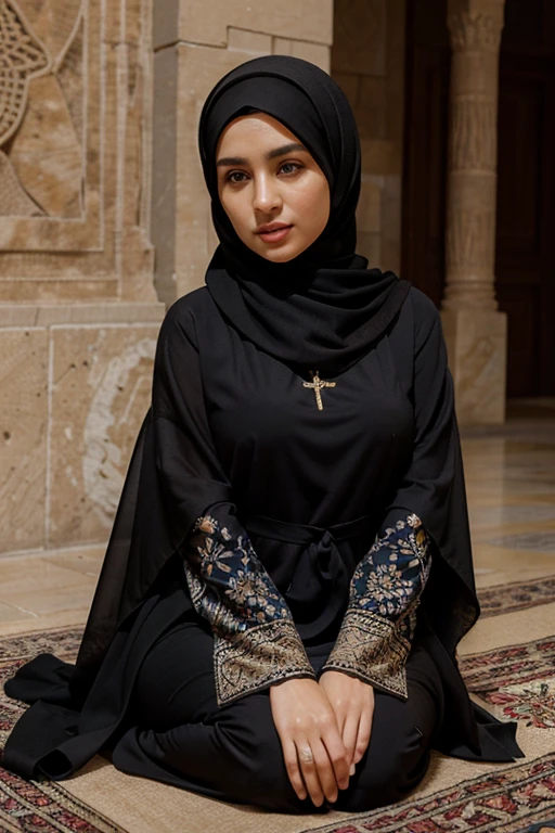 High Quality, Best Resolution, Masterpiece: 1.3, Elegant Iraqi Woman in Hijab, Masterpiece, Soft and Serene Expression, Realistic, 1 Woman, Expressive Brown Eyes, Radiant Eyes, Slightly Parted Lips, Full Figure, Aesthetics of the Female Body, Wisdom from Ancient Civilization, Scholar of Historical Artifacts, Immersed in studying Ancient Texts, Sitting Cross-legged on the Ground, Covered in a Delicate Layers of Abayas and Hijab, Detailed Clothing, Intricate Embroidery, Flowers and Geometric Patterns, Detailed Background, Rich