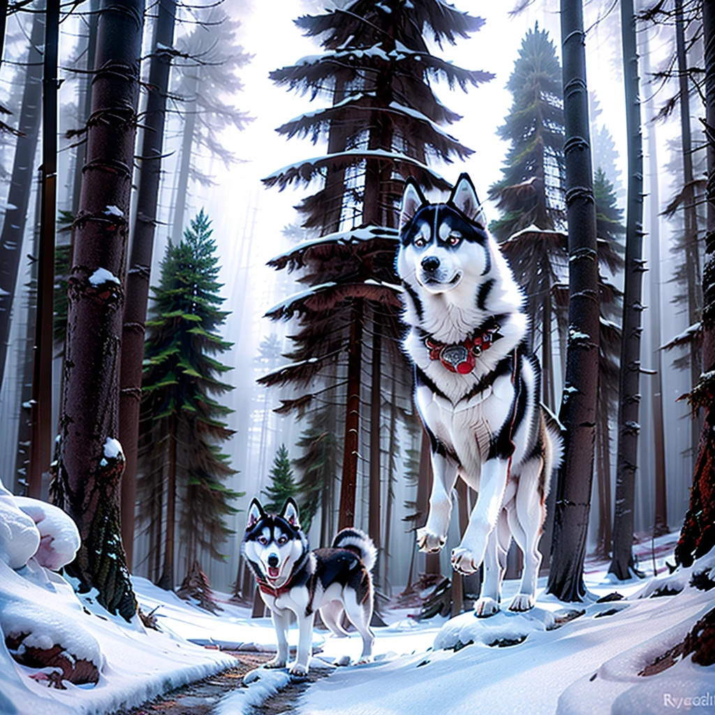 Siberian Husky dog,reddish and white fur, mythical background scene, deep forest , 