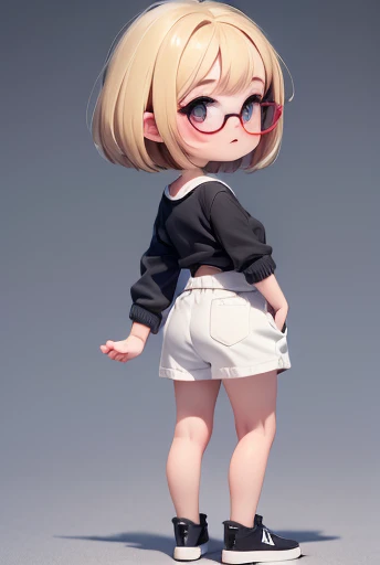 masterpiece, highest quality, Official Art, 8k wallpaper, Very detailed, figure, Small 1 person girl cute, 8 , baby facete makeup, bob cut with trimmed ends, blonde hair, Wide Hips, Big Ass, Round ass, WEAR COOL SHOES, with black glasses, FOCUS and wear white TOP, Backpack, Are standing, From the back, From the back, face surprised. HAND ON THE HER HIPS, FOCUS ALL BODY VIEW. STREET BACKGROUND.