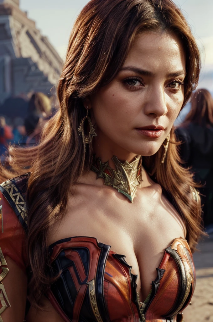 A adult girl in realistic portrait of high quality and detail, dark fantasy movie style, Mavuika (Genshin Impact), red lips, red and yellow eyes, black and red full clothes, covered chest, red flame aura (best quality:1.2), intricate details, (highly detailed skin:1.2), dramatic face expression, taut and well defined body, attractive. Highly realistic, tanned skin, beautiful, hyperrealism, skin very elaborated, glow, eye shadow, 1girl, Depth & Perspective, intent look, fine face, She is standing in the middle of the battle arena, outdoors, Aztec pyramid on the background, looking at viewer, (ultra-high detail:1.2), Masterpiece, Best Quality, Ultra-detailed, Cinematic lighting, 8K, delicate features, cinematic, 35 mm lens, f/1.9, highlight lighting, global lighting –uplight –v 4, cinematic, Cinematic lighting, 8K, high quality, Highest Quality, (Solo Focus), (extremly intricate:1.3), (Realistic), masterful, Analog style, (Film grain:1.5), (warm hue, cold tone),