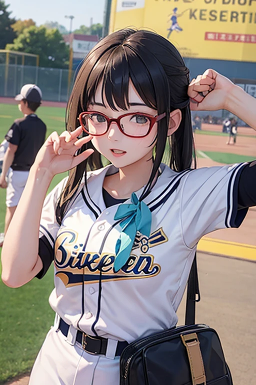 Highest quality、masterpiece、High sensitivity、High resolution、Detailed Description、Slender women、Glasses、High school baseball cheering、