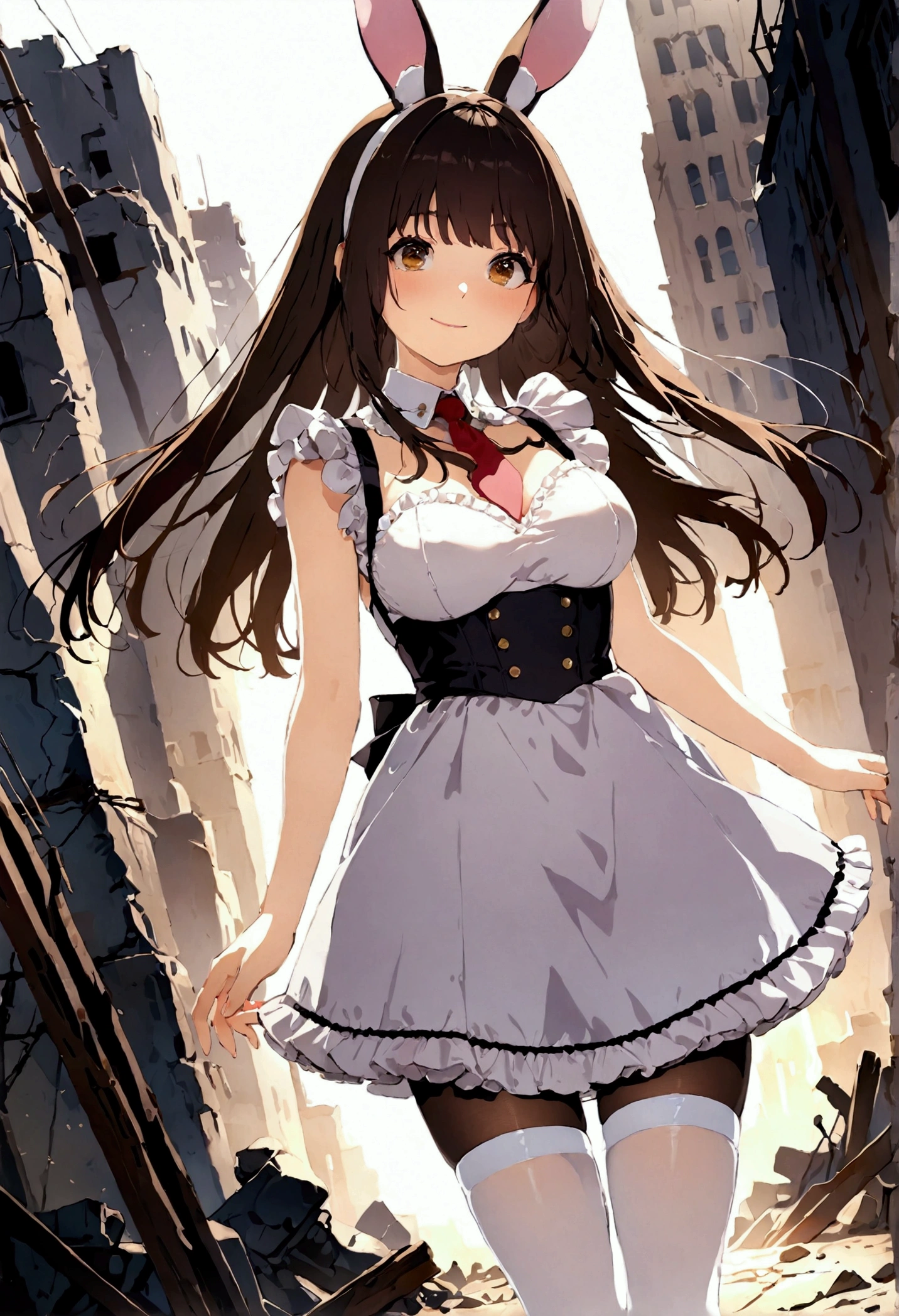 ((1girl)), super fine illustration, vibrant colors, absurdres extremely detailed CG, 8k wallpaper, (masterpiece:1.3), dynamic angle, dynamic pose,
best quality, depth of field, cinematic lighting, ultra detailed, brown long hair, very straight hair, large , white knit dress , 20yo, cute, very baby face, brown eyes, kawaii, tender smile, droopy eyes, arms at sides, pink leotad, white mechanical bunny ear, red necktie, pink maid uniform, white thighhighs pantyhmodern military rifle:1.4, ruin city, Post-apocalypse