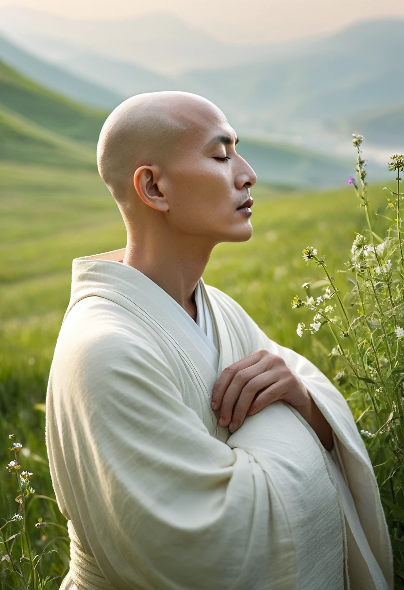 1 Buddhist Monk ((baldie)). meditation. calm. silence. Serene posture. eyes locked. Traditional white robe. smooth light. rise sun. green field. wildflowers. morning mist. mountains in the background, PICTURE REALISTIC, side view