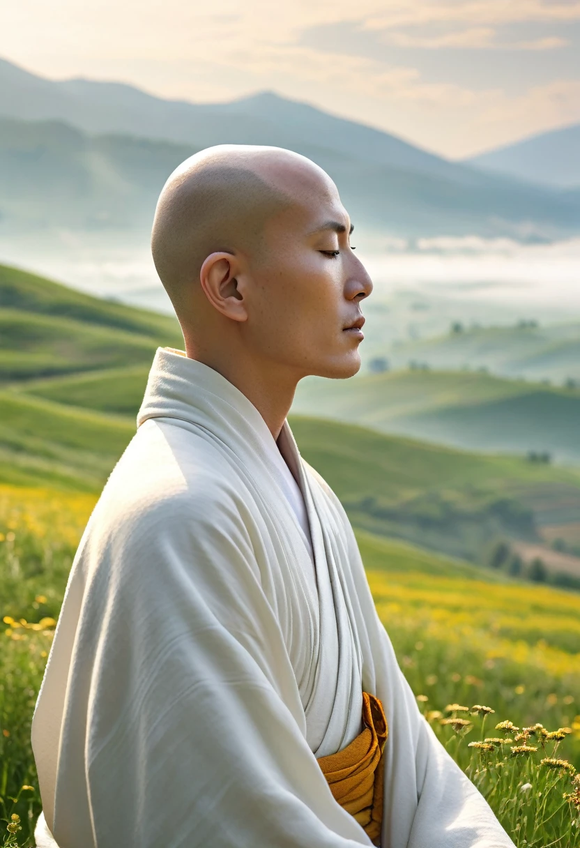 1 Buddhist Monk ((baldie)). meditation. calm. silence. Serene posture. eyes locked. Traditional white robe. smooth light. rise sun. green field. wildflowers. morning mist. mountains in the background, PICTURE REALISTIC, side view