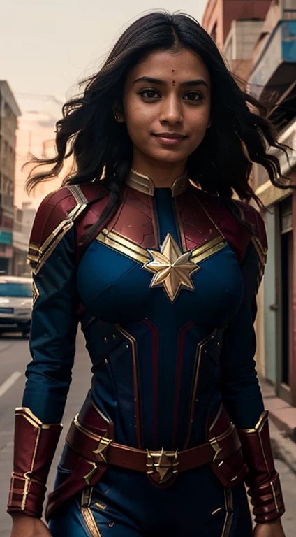 Indian girl as a Captain Marvel on the city street,  cinematic light, beautiful woman, skinny, medium breasts, black long hair, detailed face, smile, facing the camera, photo taken from a distance,
