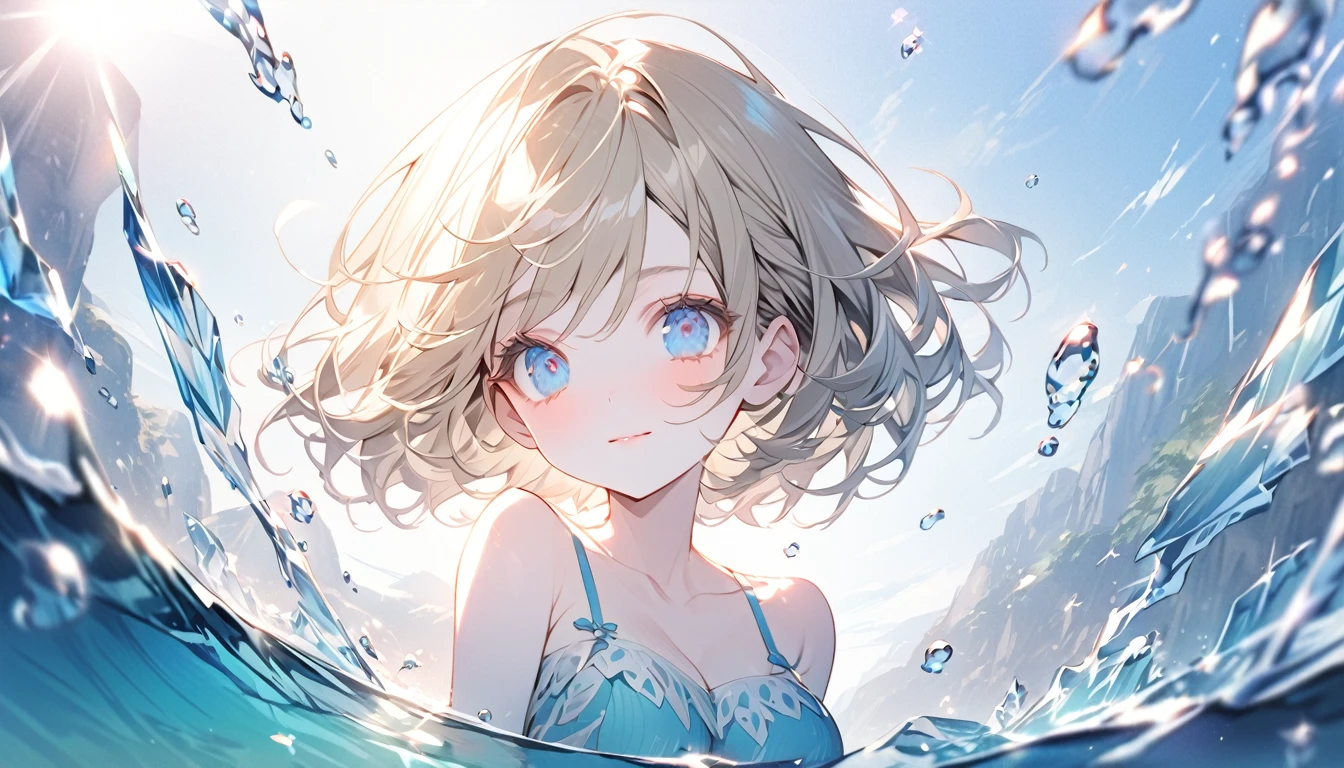 Cute girl in swimsuit(original bikini swimsuit)(Small body) (Girl:1.5), (blonde:1.5)(eyelash:1.2)(eye shadow:1.3) (blue eyes:1.5), (Beautiful details:1.4) (Short Bob Hair:1.4), (blue eyes)(Big Breasts:1.3) (White skin:1.2)height: 130cm, original character, Fantasy, View Viewer Art: (美しい深い瞳を持つGirl. The depth of field in the photo is perfect、Lens flare creates a nice atmosphere. The details of her face really stand out, This photo is definitely a 10+... background, There is a beautiful sea with crystal clear water and floating water droplets. I was embarrassed and panicked.