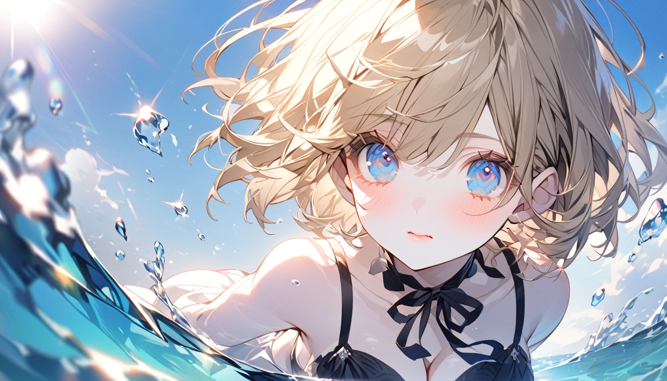 Cute girl in swimsuit（original bikini swimsuit）(Small body) (Girl:1.5), (blonde:1.5）(eyelash:1.2)(eye shadow:1.3) (blue eyes:1.5), (Beautiful details:1.4) (Short Bob Hair:1.4), (blue eyes)(Big Breasts:1.3) (White skin:1.2)height: 130cm, original character, Fantasy, View Viewer Art： (美しい深い瞳を持つGirl. The depth of field in the photo is perfect、Lens flare creates a nice atmosphere. The details of her face really stand out, This photo is definitely a 10+... background, There is a beautiful sea with crystal clear water and floating water droplets.　I was embarrassed and panicked.