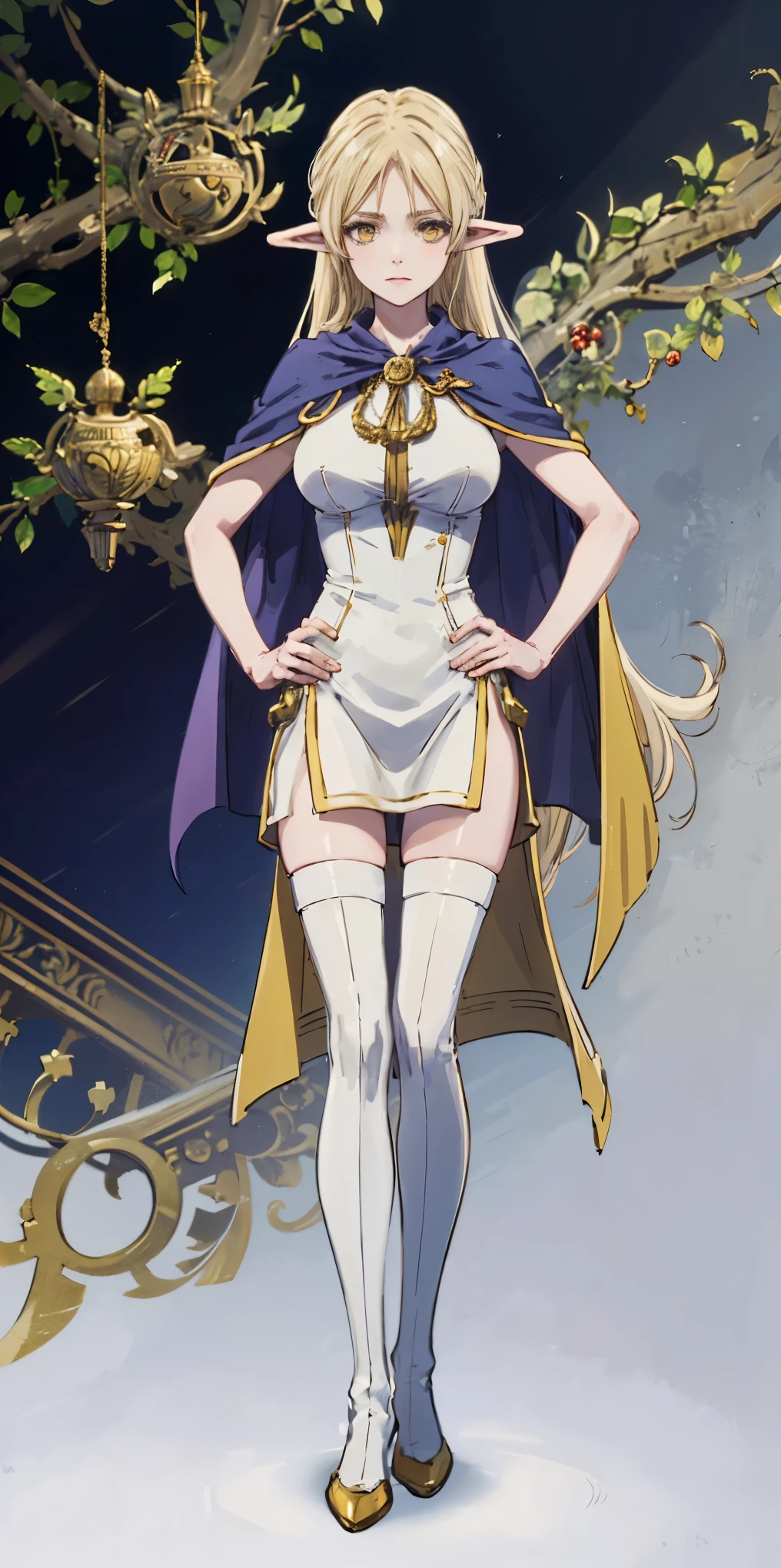 masterpiece, best quality, high quality, Erwin, elf, long hair, pale hair, yellow eyes, purple skin, deep blue cape with golden ornaments (1solofemale full body standing straight symmetrical, hands on hips)