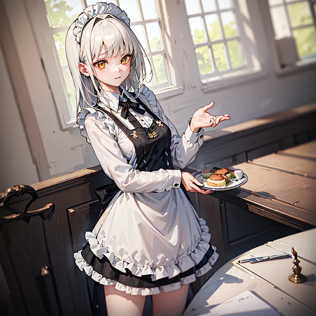 1girl, solo, cowboy shot, 
blanc \(nikke\), white hair, yellow eyes, long hair, 
waitress, apron, long sleeves, frills, black skirt, 
pantyhose, 
staff_trays, shy, 
indoors, restaurant,, weird atmosphere, (best quality:1.1), (masterpiece:1.2), high quality shadow, beautiful detailed, (high detailed skin, skin details), (wide_landscape, 8k), beautiful face, detailed eyes, depth of field, dramatic light, best quality, highres, best shadow, best illumination,, depth_of_field, blurry, blurry_background, blurry_foreground, motion_blur,