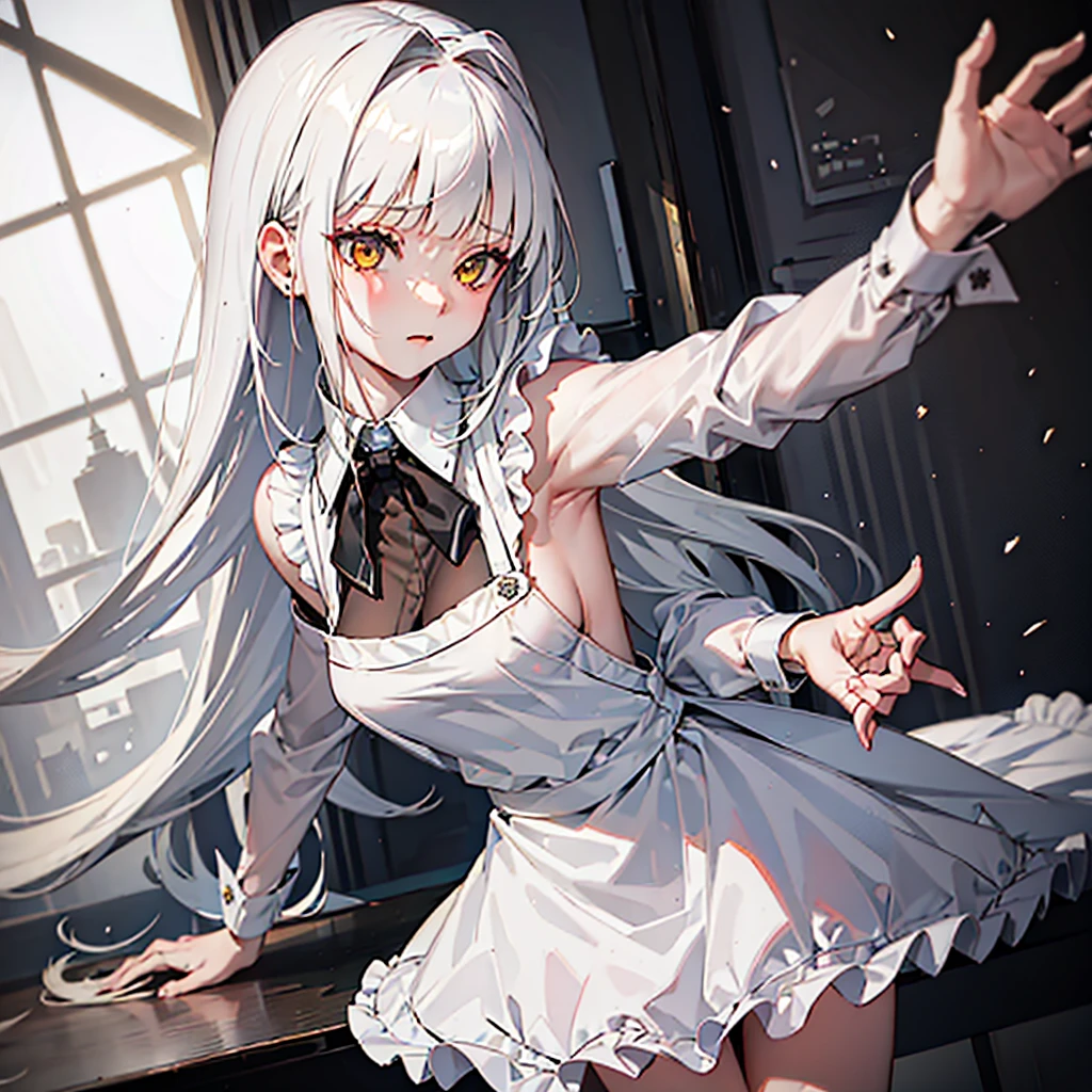 1girl, solo, cowboy shot, 
blanc \(nikke\), white hair, yellow eyes, long hair, 
waitress, apron, long sleeves, frills, black skirt, 
pantyhose, 
staff_trays, shy, 
indoors, restaurant,, weird atmosphere, (best quality:1.1), (masterpiece:1.2), high quality shadow, beautiful detailed, (high detailed skin, skin details), (wide_landscape, 8k), beautiful face, detailed eyes, depth of field, dramatic light, best quality, highres, best shadow, best illumination,, depth_of_field, blurry, blurry_background, blurry_foreground, motion_blur,