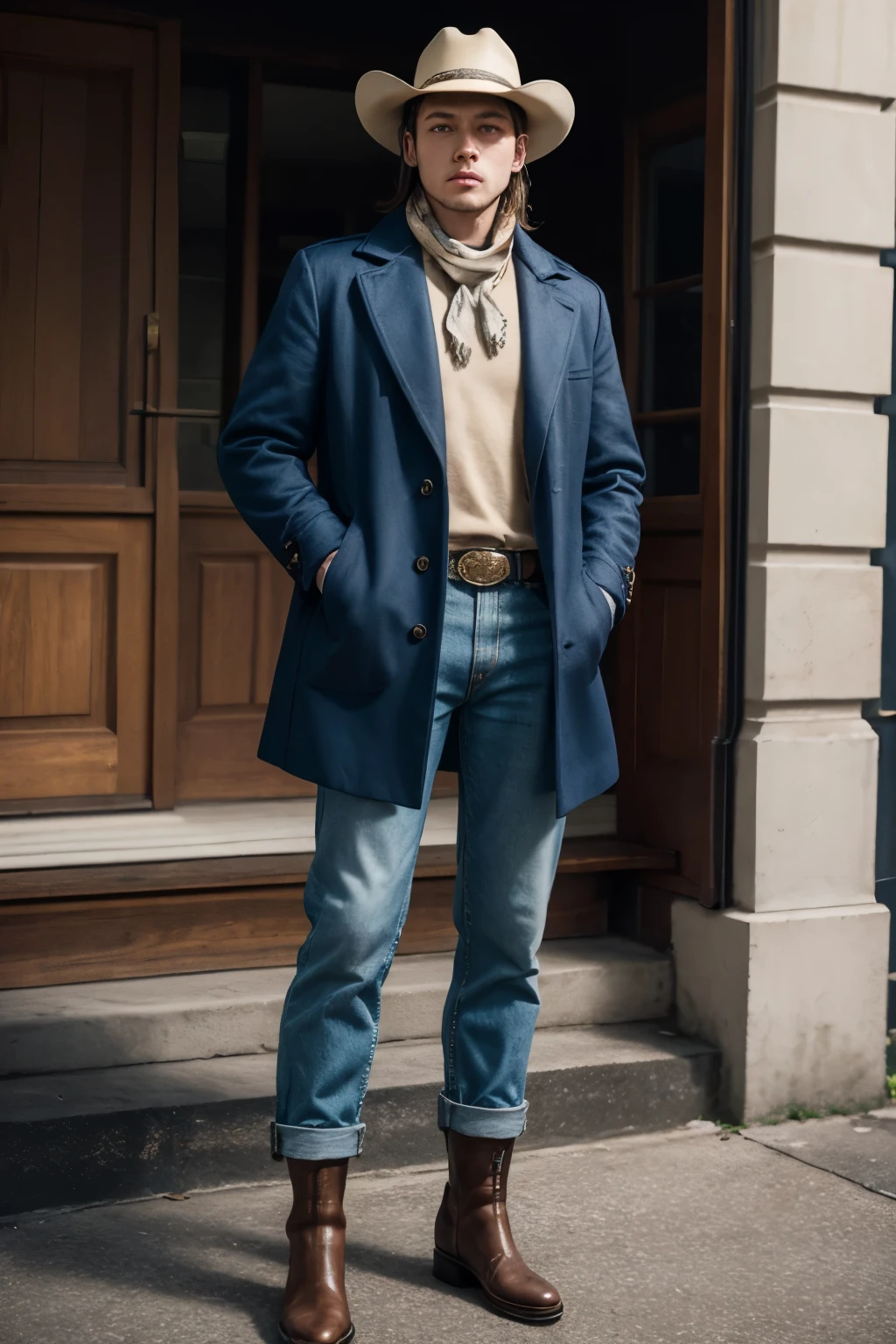 Steve (Corporal Steve): robust man, cowboy hat, blue coat with gold details, bandana vermelha, denim trousers, cowboy boots. Carry a revolver, confident stance.