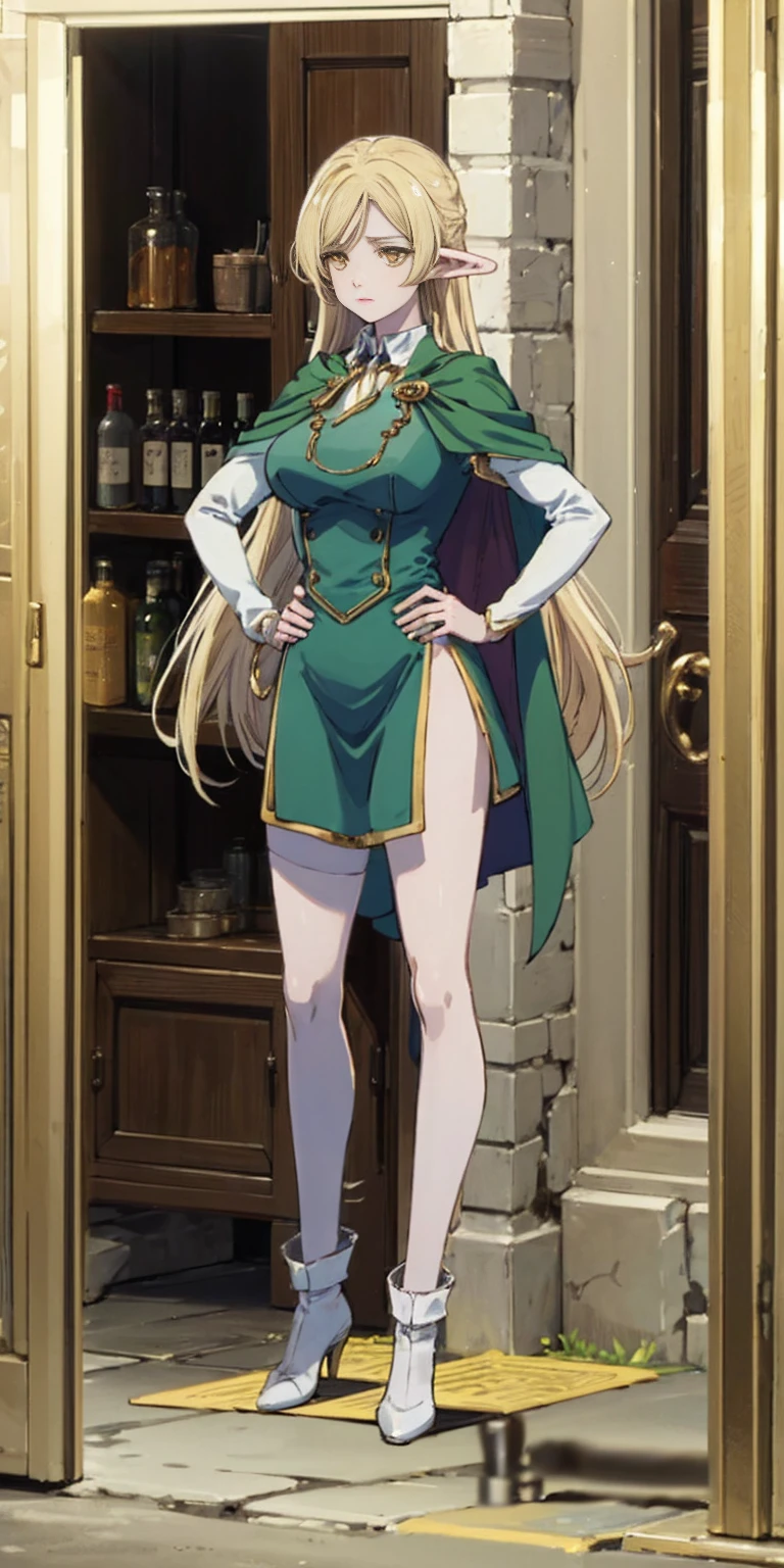 masterpiece, best quality, high quality, Erwin, elf, long hair, pale hair, yellow eyes, purple skin, deep blue cape with golden ornaments (1solofemale full body standing straight symmetrical, hands on hips)