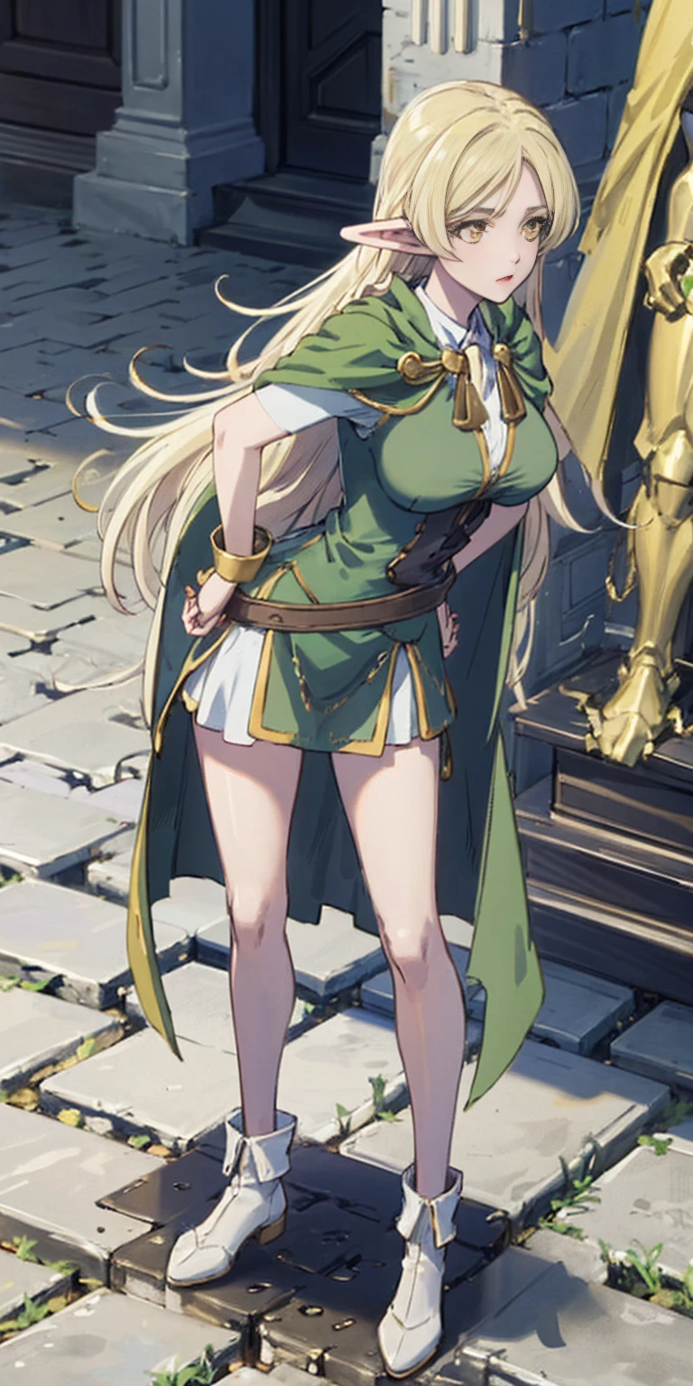 masterpiece, best quality, high quality, Erwin, elf, long hair, pale hair, yellow eyes, purple skin, deep blue cape with golden ornaments (1solofemale full body standing straight symmetrical, hands on hips)