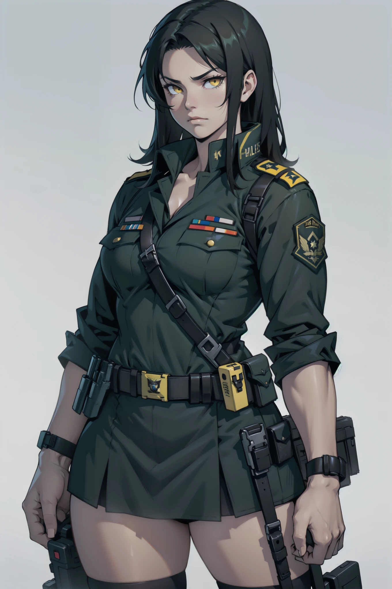 muscular girl thick black hair yellow eyes pale thick breasts holster sad ((black military uniform))