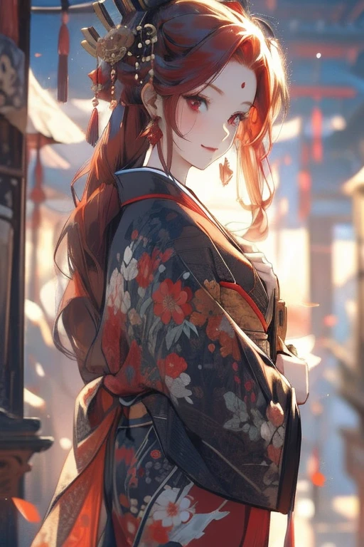 Perfect face. Perfect hands. A red haired woman with a red eyes and an hourglass figure in a kimono is smiling with a fan in the shrine