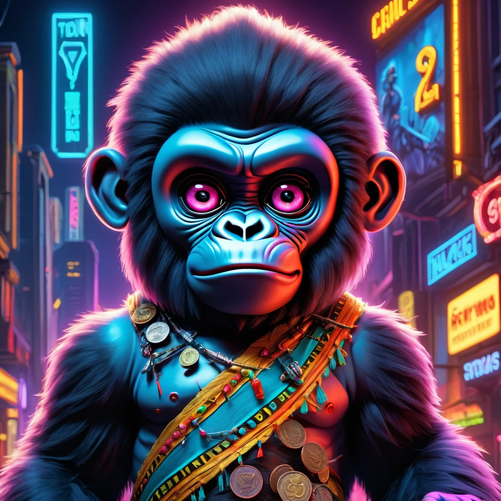 (Knitted Gorilla Doll:1.8), (Voodoo Needle:2.0), (shining eyes:1.8), (TON coin banner:1.9), (A city in neon colors in the background:1.5), gothic horror atmosphere, highest quallity, work of art, Gentle oil painting with attention to detail, detailed back ground, Dramatic cinematic lighting, soft edge lighting, proffesional, dramatic lighting, hard edge lighting, super high quality, 4K, work of art, highest quallity, 8k, ultra high resolution, high resolution, very detailled