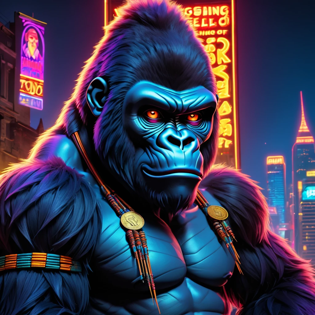 (Knitted Gorilla Doll:1.8), (Voodoo Needle:2.0), (shining eyes:1.8), (TON coin banner:1.9), (A city in neon colors in the background:1.5), gothic horror atmosphere, highest quallity, work of art, Gentle oil painting with attention to detail, detailed back ground, Dramatic cinematic lighting, soft edge lighting, proffesional, dramatic lighting, hard edge lighting, super high quality, 4K, work of art, highest quallity, 8k, ultra high resolution, high resolution, very detailled