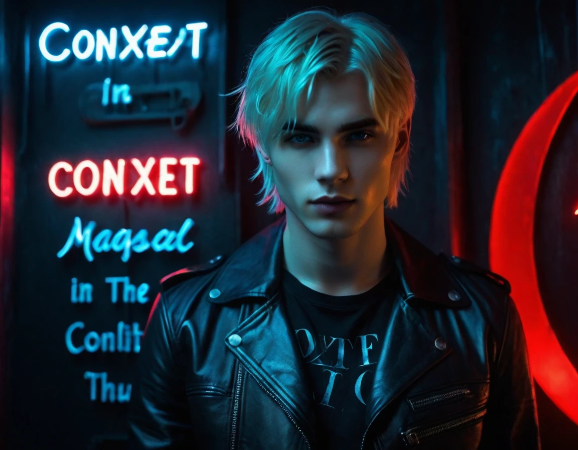 Hyper realistic, dark vibes, solo, attractive young guy, male, 22 years, (holding knife:1.1) pale skin, blue eyes, (short textured blond hair:1.1), layered bangs, gothic black leather jacket, black eyeliner, dark lighting, in luxury BDSM room, (smirk:1.1), (visible neon red crescent moon writing sign in background text "CONTEXT" in blue:1.1)