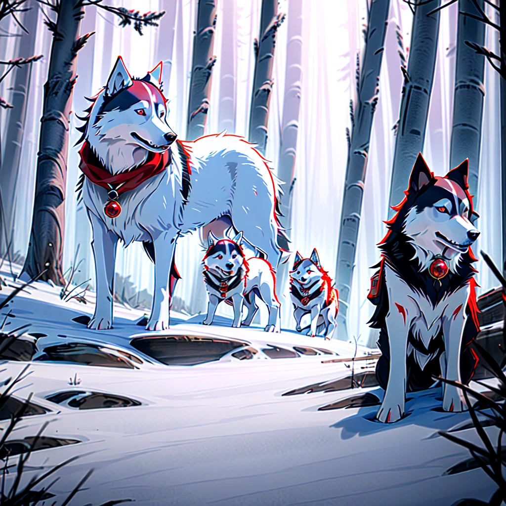 Imponente Siberian Husky dog,reddish and white fur, mythical background scene, deep forest