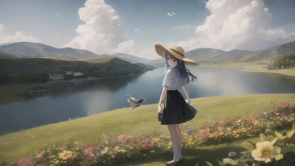(masterpiece, Highest quality, Very detailed), Official Art, Very detailed CG ユニティ 8k 壁紙, figure, Wide Shot, [Standing in a flower field], (One girl, alone), Canada, (Big straw hat:1.2), Depth of written boundary, Sunburn , Black Skirt, White socks, Holding flowers, elegant, sad, Expressionless, (Flying pigeon), curtained hair, Hair behind the ear, [[[Silver Hair , Gray Hair,  Blue Hair, Purple Hair]]], Perfect Face, lake, holy, countryside, revenge, Heavenly Feel, , 15 yfew clouds but a clear sky, (Style your hair, put your hands in your hair), Mountain Horizon,  Falling small feather, Holiness, Recall, Height difference
