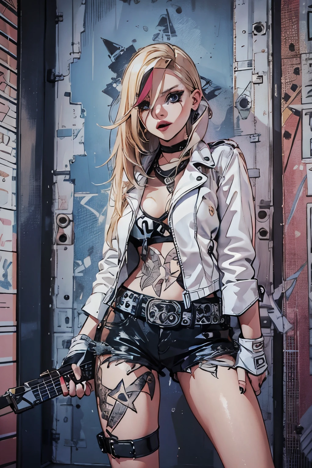 , Rocker girl wearing a leather jacket,slim body shape、Normal bust size, full body shot, 1two electric guitars, clothes with spikes,white tank top、Navel exposed、low rise leather shorts,tattoo,earrings dark lipstick, blue eyes,blonde twintail hair,black ribbon, beautiful and perfect legs, confident look, punk style ,dynamic pose, dynamic lighting, brightly colored stage,colorful stage lights, ant alexa 65, 50MM lens