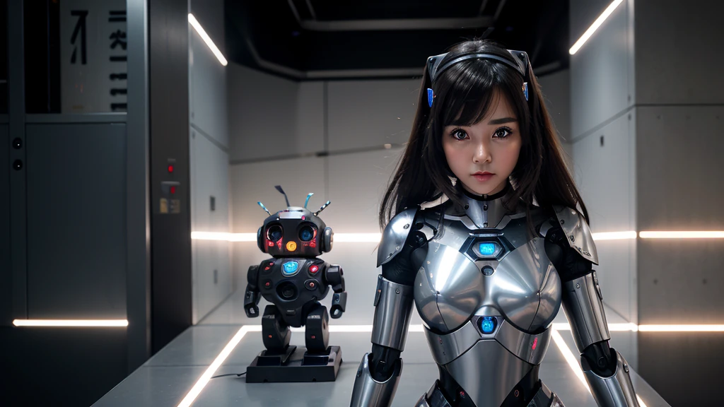 Create an image of a cute and beautiful AI girl robot. The robot should have a futuristic design with metallic elements. The robot should appear as if it is standing behind and making a kissing face emotion.