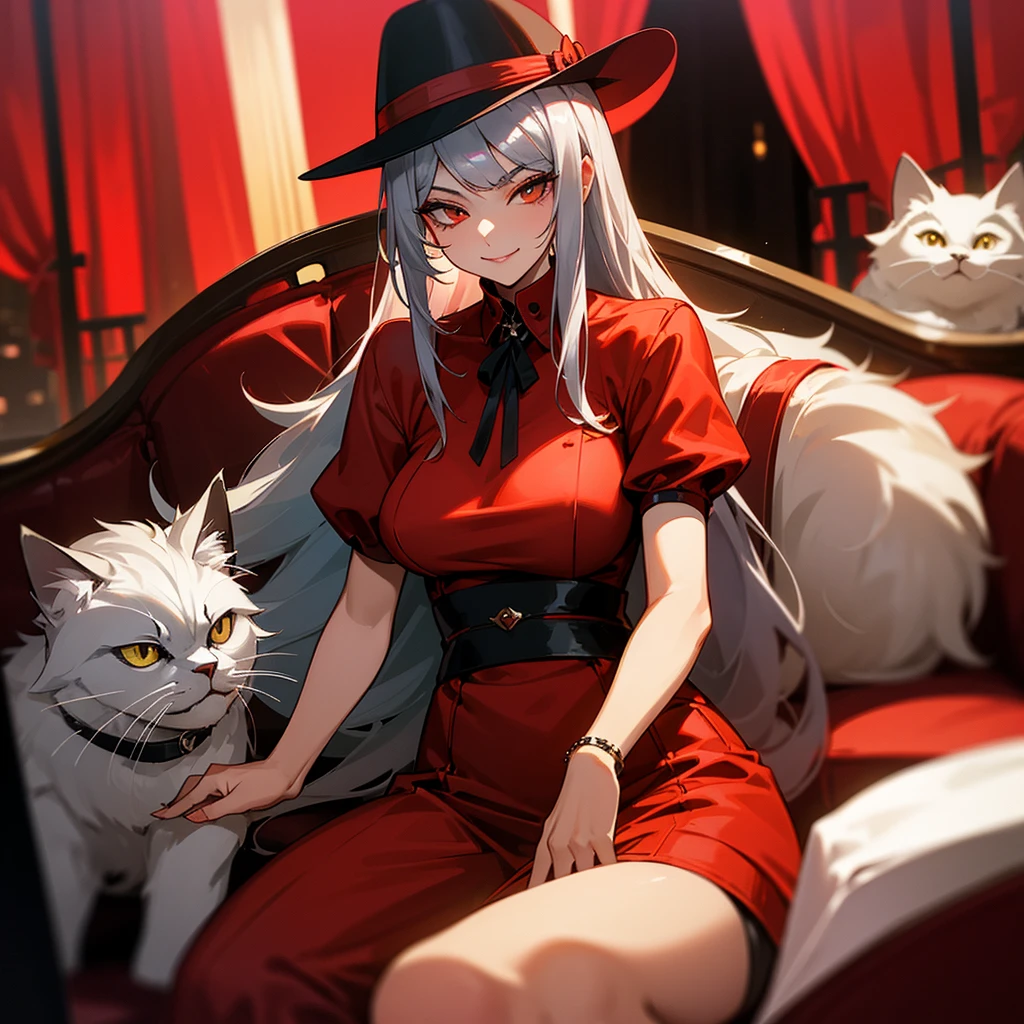 A mature woman with long silver hair and straight bangs,red eye,wearing a red sexy fancy dress,and wearing a fedora hat woman,thug smile to camera,sit on the chair at night club,scenery fancy and beautiful around her,a persian cat laying on her,beautiful menacing around her