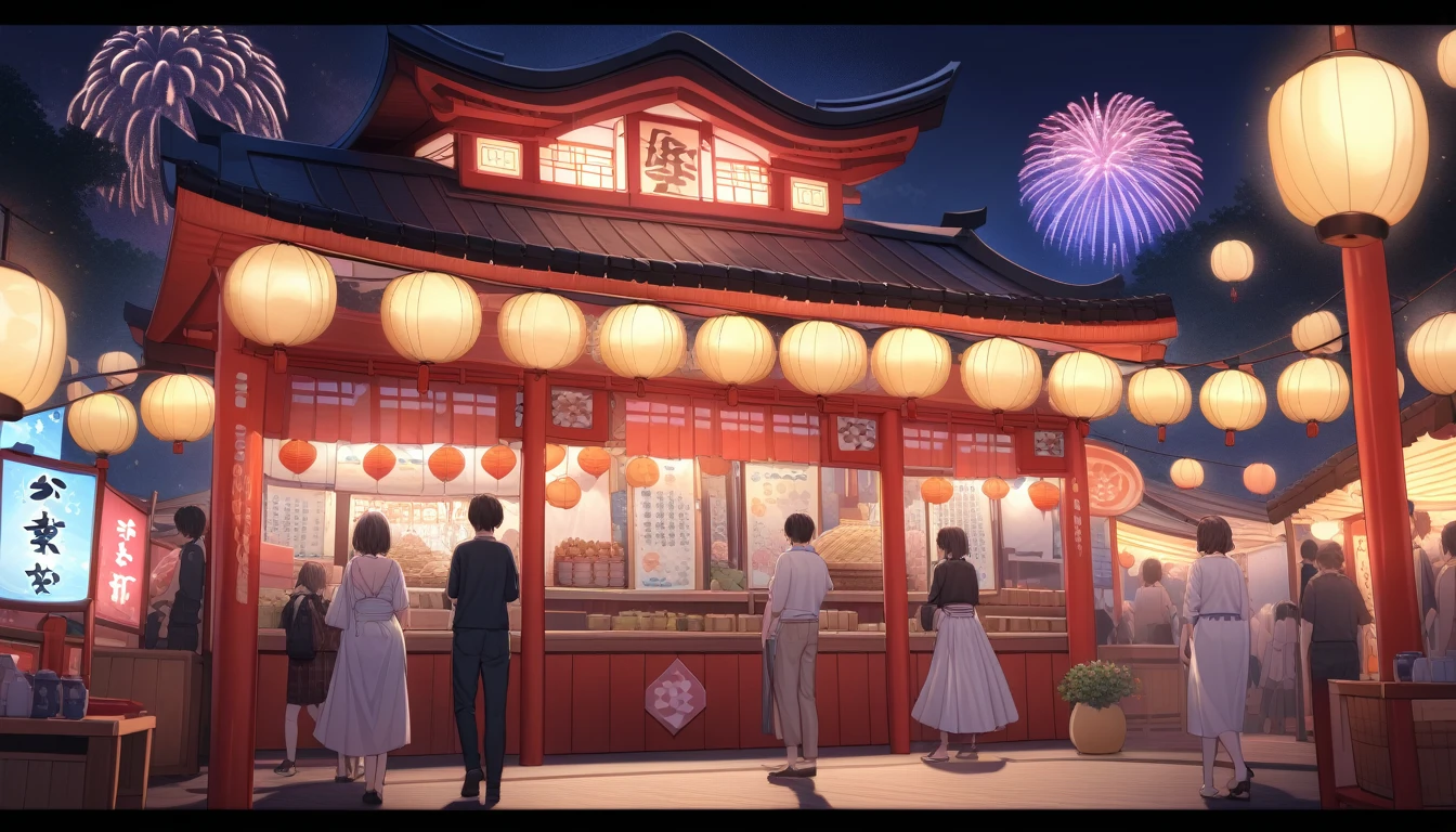 ultra-detailed, (professional lighting) hyper detailed, absurdres, 8k, night, summer, Shrine festival stalls, I see colorful fireworks,