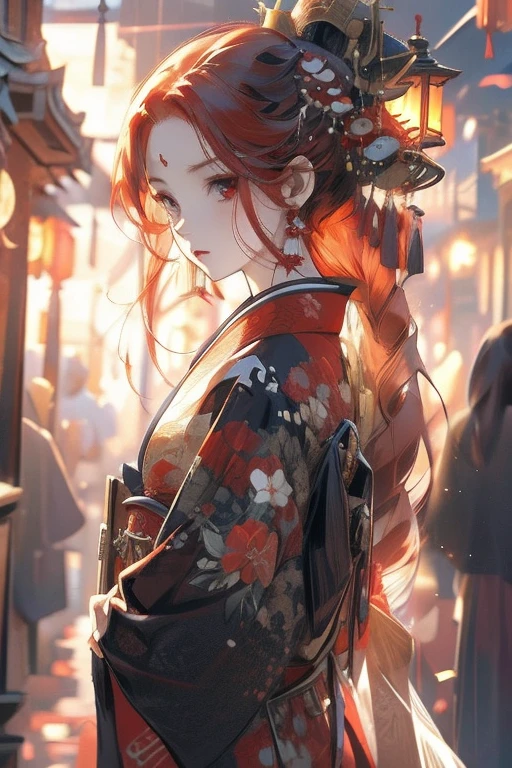 Perfect face. Perfect hands. A red haired woman with a red eyes and an hourglass figure in a kimono is holding a lantern in the shrine