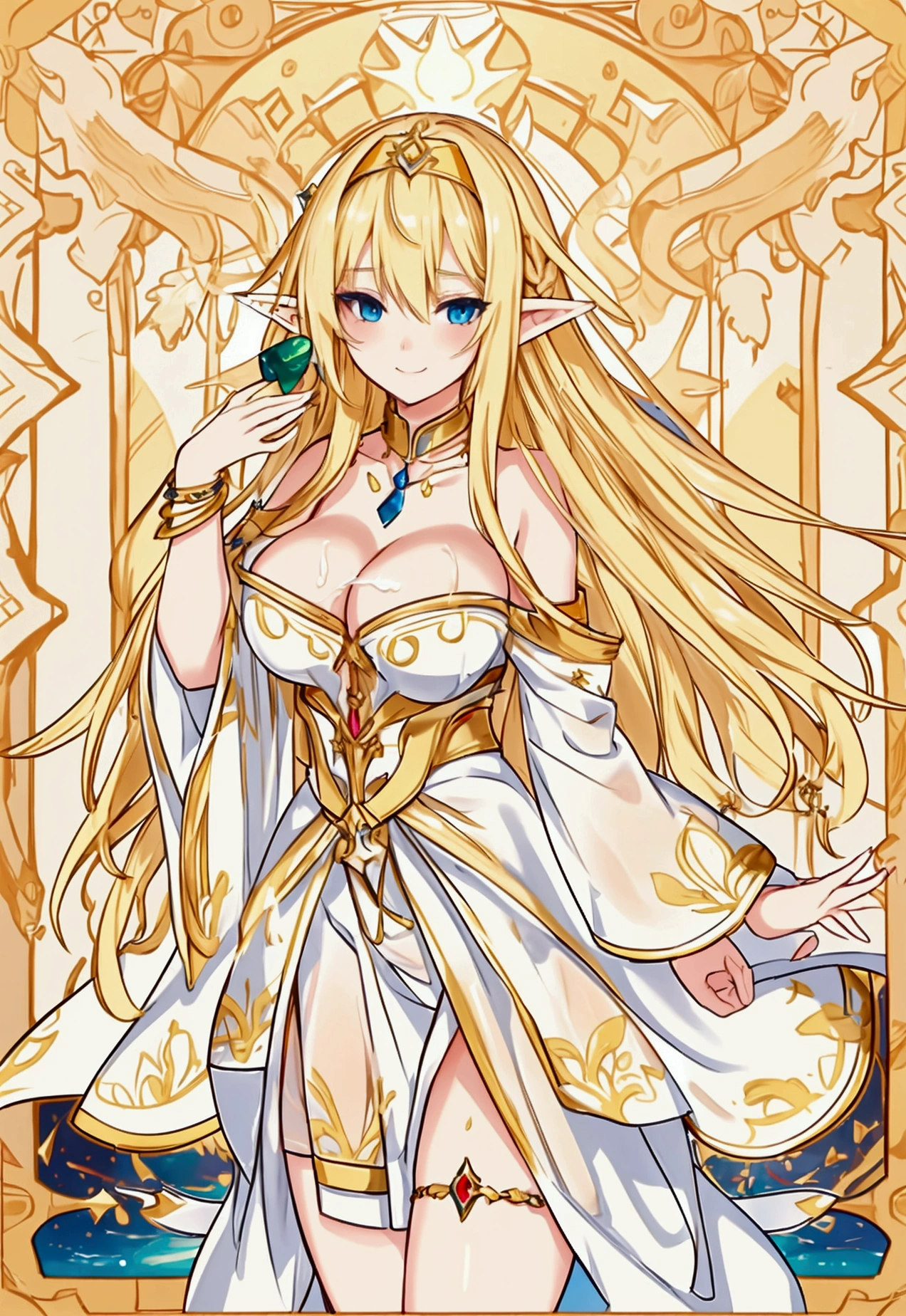 a beautiful young elf with long blonde hair, big breasts, squirting with cum, looking horny and happy, wearing a golden hairband and golden anklet, photorealistic, detailed facial features, 8k, hyper detailed, masterpiece
