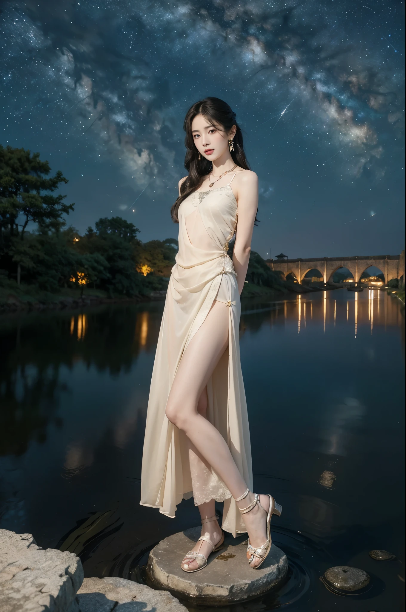 (((best quality))),(((ultra detailed))),(((masterpiece))),illustration,((1 beautiful girl,solo)),(shoulder length straight hair:1.2),((earrings,necklace)),((slim,thin)),((small breasts,flat chest)),(gorgeous sheer red Hanfu:1.5),(slender legs:1.2),(loafers:1.2),(standing:1.3),(arms behind back:1.5),(on the stone arch bridge:1.3),((starry sky,the Milky Way,horizon)),elegance, grace, sophisticated updo, delicate hairpins, twinkling stars, radiant smile, bright eyes, wonder, beauty of the night sky, intricate patterns, flowers, birds, vibrant colors, ethereal, enchanting, old bridge, weathered, sturdy, natural surroundings, serene, peaceful atmosphere, rippling water, stars, graceful silhouette, magic, tranquility, twinkling stars, mesmerizing canopy of light, cool air, crisp, faint scent of blooming flowers, contemplation, admiration, ancient China, timeless, rich culture, traditions, captivating, enchanting atmosphere, myth, legend,((from front,full body))