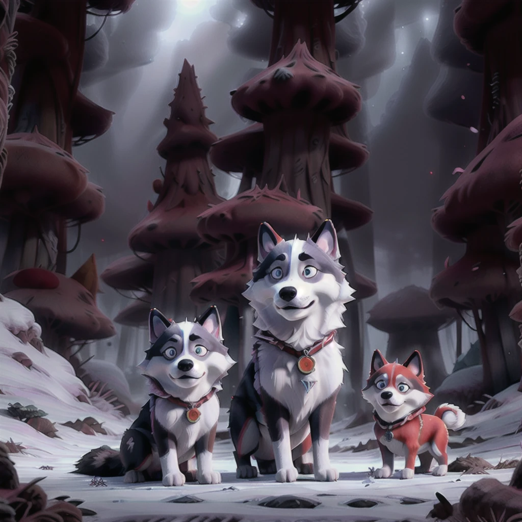 Imponente Siberian Husky dog,reddish and white fur, mythical background scene, deep forest