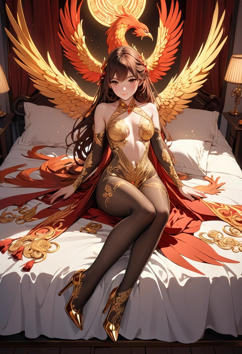 ((Masterpiece, Highest quality)),A cute girl,Detailed face, CharacterDesignSheet Full of details, Highly detailed, Depth, Many parts，beuaty girl，cinmatic lighting，with light glowing，Red and gold，Phoenix decoration，light yarn，Lace，lacepantyhose，high-heels lying on bed 