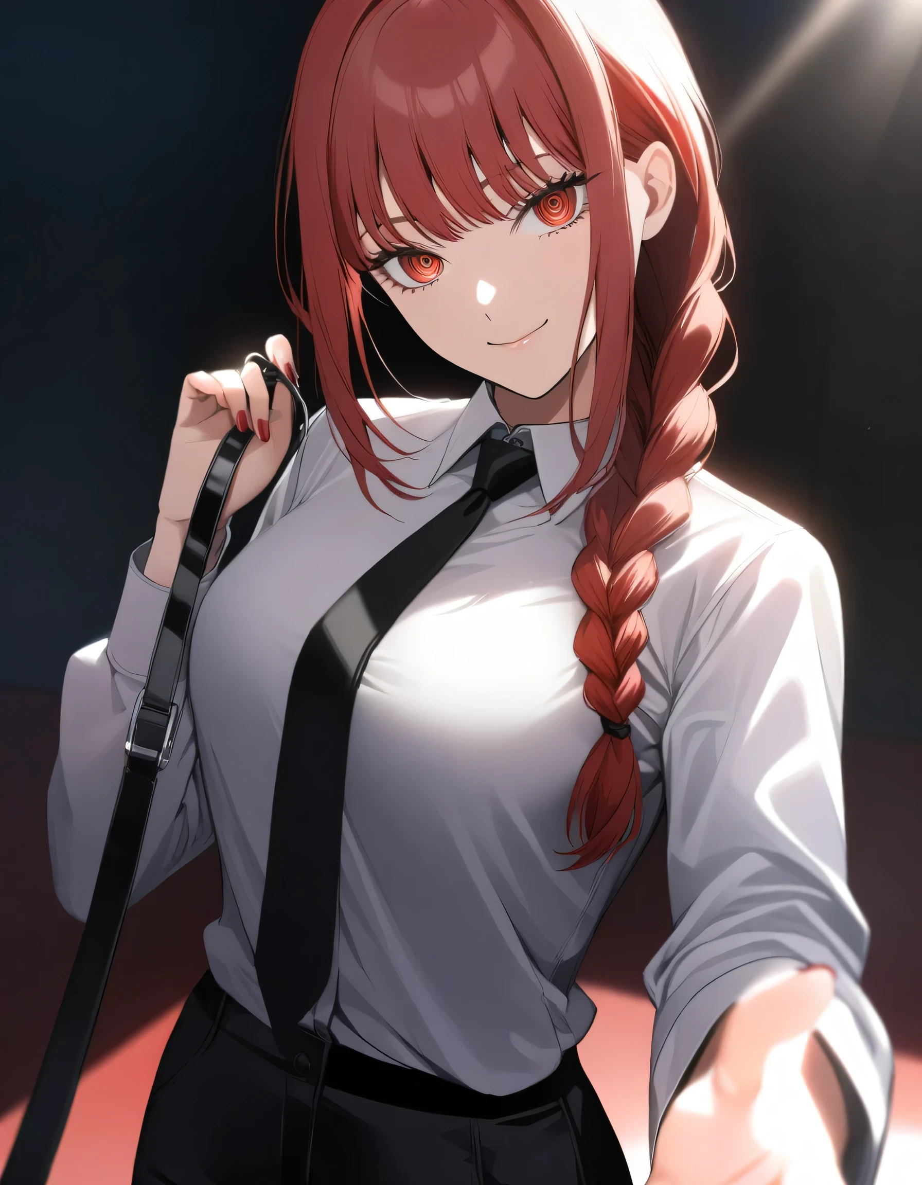 1girl,makima(chainsaw_man),black_necktie,black_pants,braid,braided_ponytail,breasts,closed_mouth,collar,collared_shirt,cowboy_shot,fingernails,giving,hair_over_shoulder,head_tilt,holding dog leash,long_hair,long_sleeves,looking_at_viewer,necktie,outstretched_arm,pants,red_eyes,red_hair,ringed_eyes,shirt,smile,solo,sunlight,unworn_collar,white_shirt,