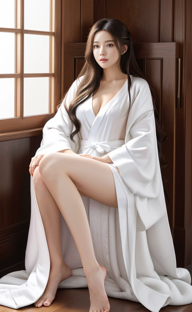 image of a woman in a white dress sitting on a bed, revealing clothes, flowing hair and long robes, flowing white robes, from girls frontline, wearing simple robes, clad in robes, wearing a simple robe, open v chest clothes, wearing a long flowing robe, in robes, ((wearing aristocrat robe)), dressed in a robe, covered in robes