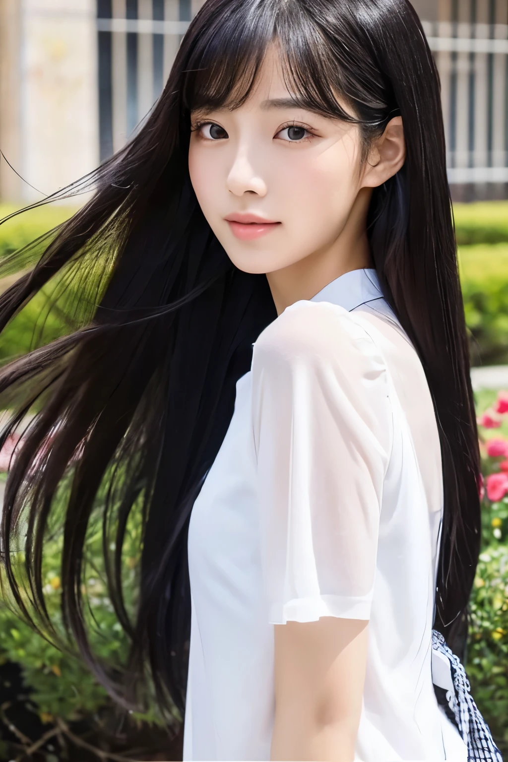 East Asian high school girls，Smooth black hair，The smooth black long straight hair keeps shaking，Smooth and beautiful hair，Black and shiny hair reflects dazzling luster。Hair is so smooth that it can&#39;t be smoother！high quality, Long hair, 1 woman, 