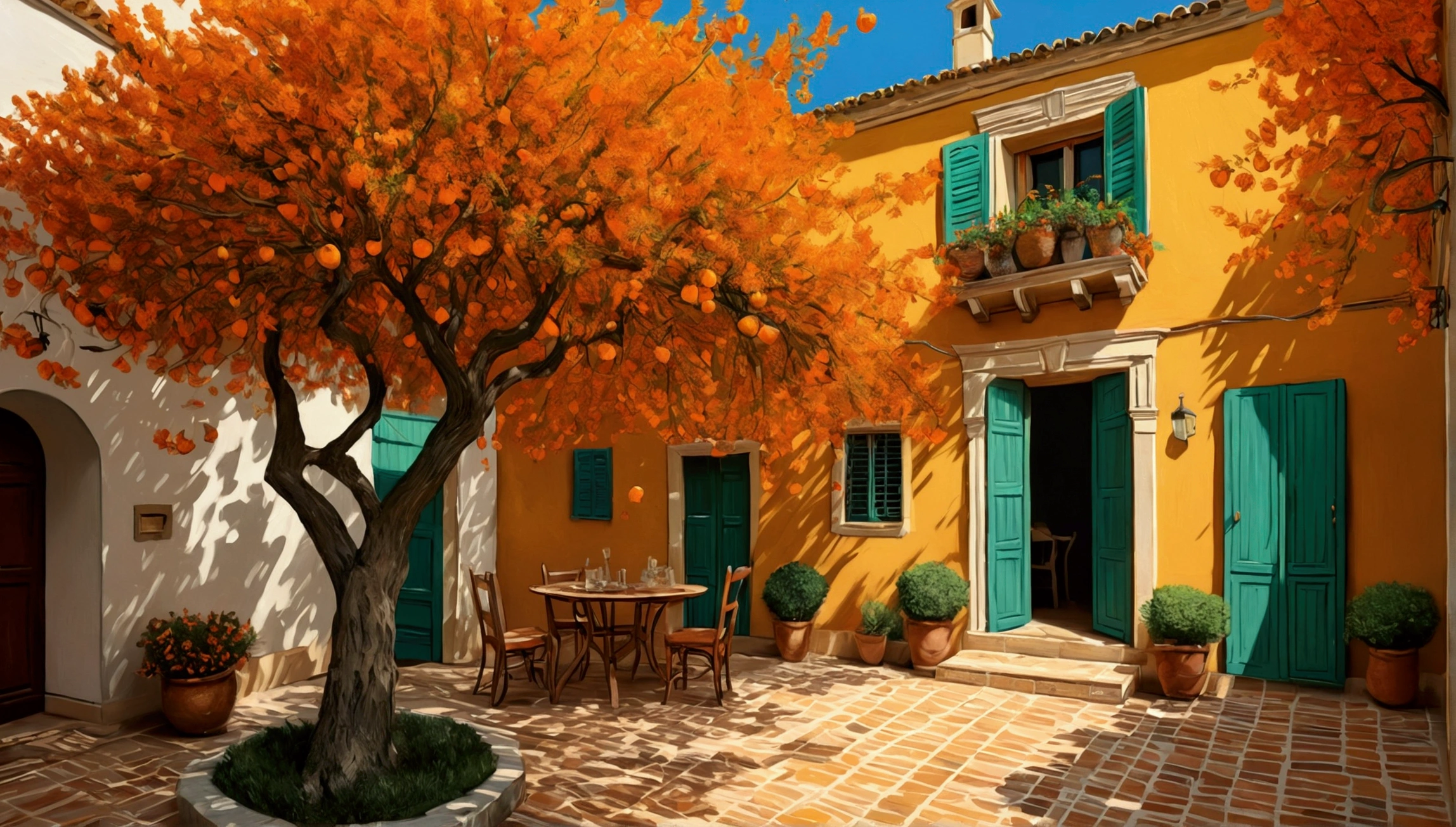 A captivating and warm painting in Van Gogh's creative style, filled with nostalgia for Cordoba, Spain, in the courtyard of a house, the smell of orange blossoms, and hot afternoons under the shade of orange trees., cinematic, painting