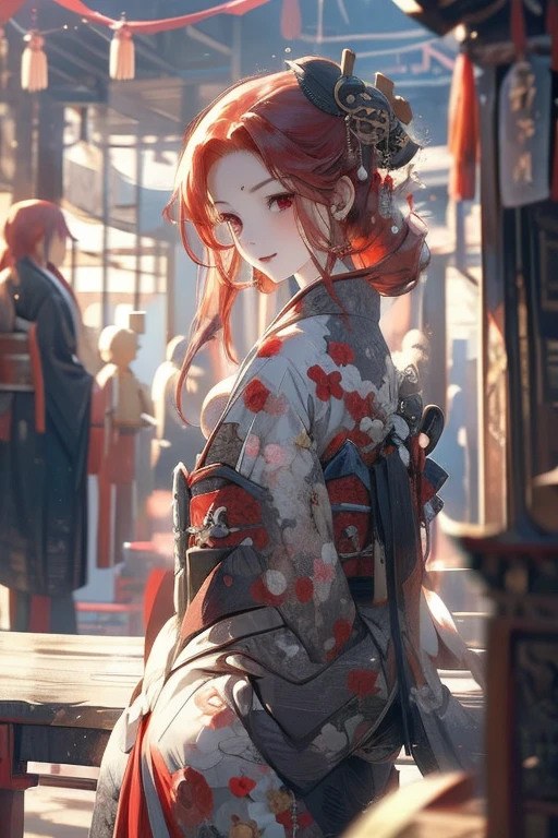 Perfect face. Perfect hands. A red haired woman with a red eyes and an hourglass figure in a kimono is sitting on a bench with a smile at the shrine