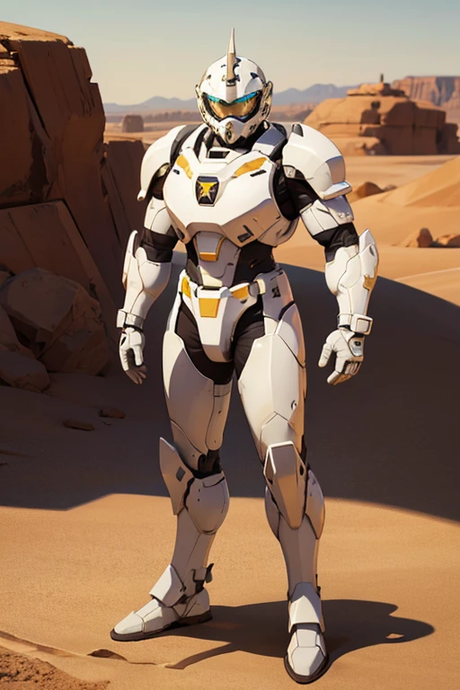 Private soldiers in white and gold power armor in a desert