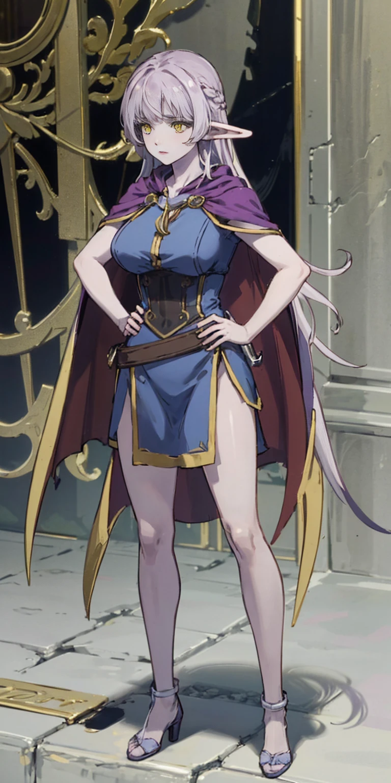 masterpiece, best quality, high quality, elf, long hair, pale hair, yellow eyes, purple skin, deep blue cape with golden ornaments (1solofemale full body standing straight symmetrical, hands on hips) slave with stocks