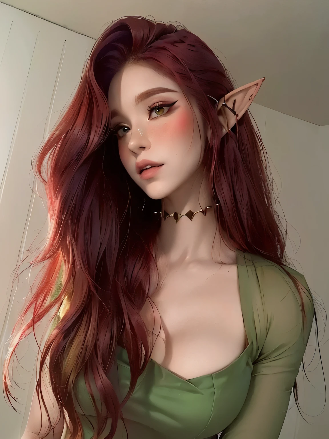 arafed woman with red hair and elf ears posing for a picture, long elf ears, elf girl, amouranth, spiky elf ears, very beautiful elven top model, portrait of an elf, a portrait of an elf, elf ears, she has elf ears and gold eyes, better known as amouranth, elfpunk, female elf