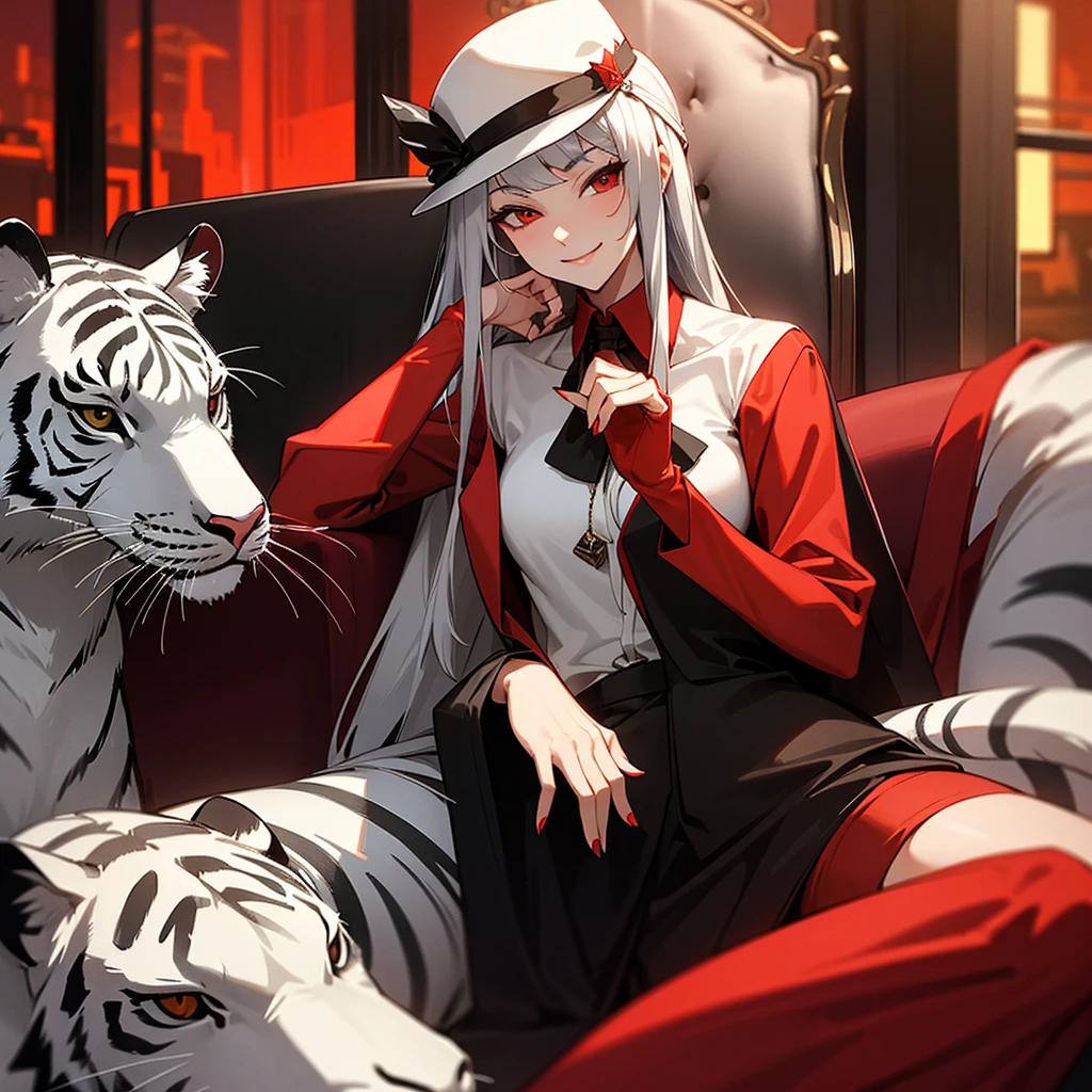 A  woman with long silver hair and straight bangs,red eye,wearing a red sexy fy dress,and wearing a fedora hat woman,thug smile to camera,sit on the chair at night club,scenery fancy and beautiful around,A white tiger was behind her lying relaxed