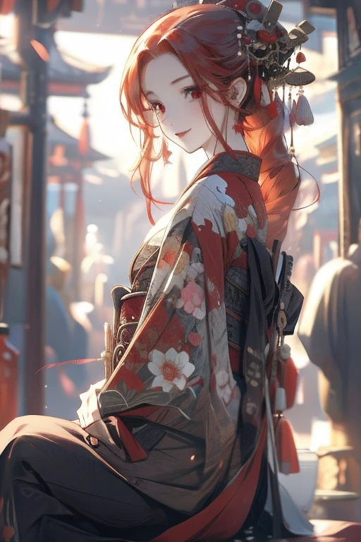 Perfect face. Perfect hands. A red haired woman with a red eyes and an hourglass figure in a kimono is sitting on a bench with a smile at the shrine