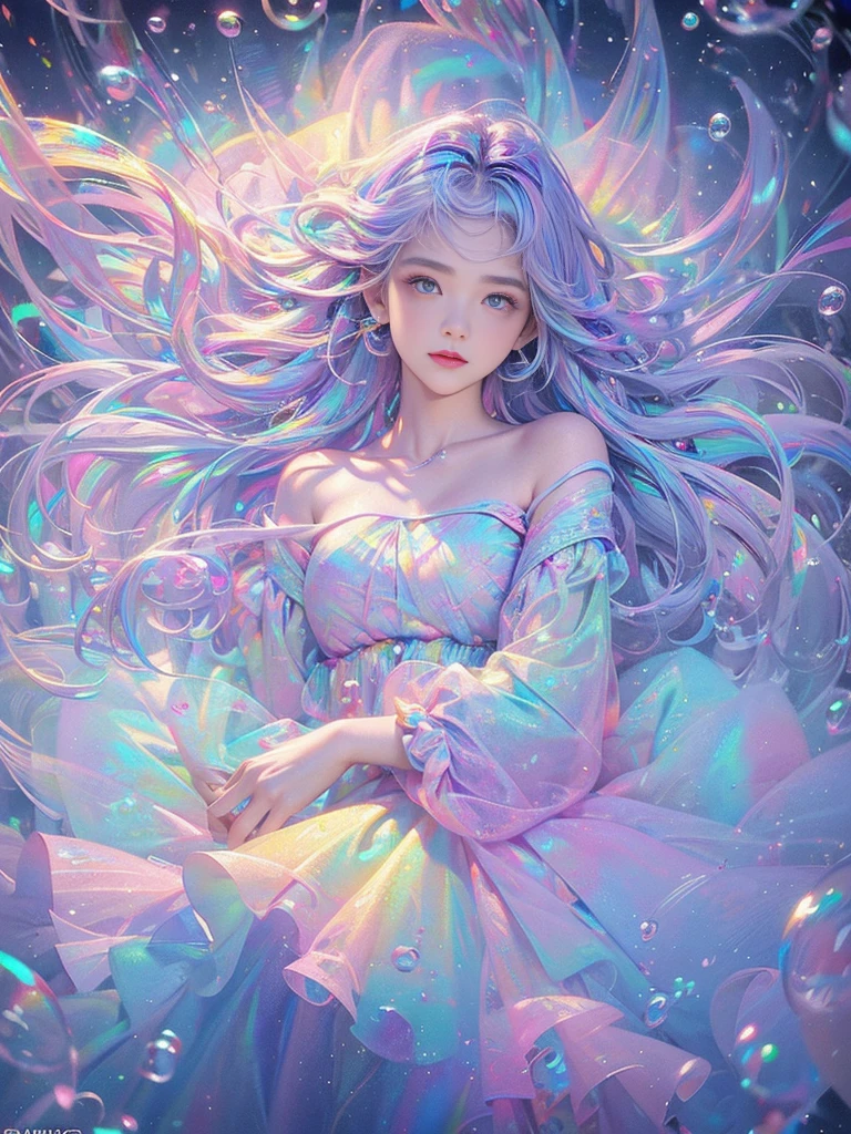 masterpiece, highest quality, intricate details, excellent anatomy、beautiful girl, sparkling eyes, Otherworldly liquid fantasia background, watercolor, bright and vibrant colors, Whimsical, colorful, Layered Tiered Puffy Long Sleeve Ball Gown, ((iridescent rainbow bubbles))