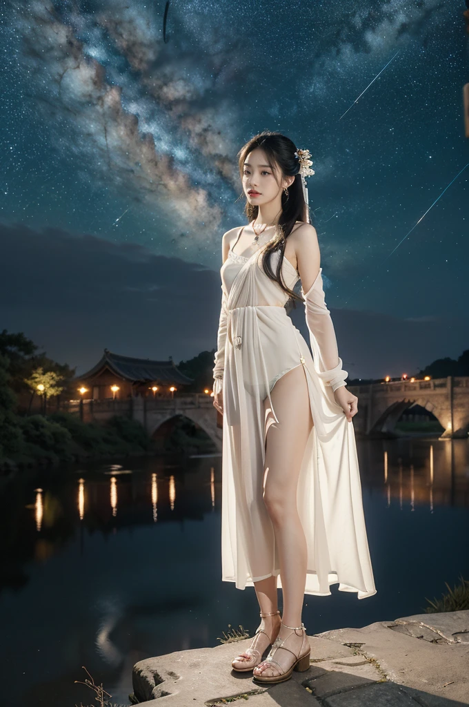 (((best quality))),(((ultra detailed))),(((masterpiece))),illustration,((1 beautiful girl,solo)),(shoulder length straight hair:1.2),((earrings,necklace)),((slim,thin)),((small breasts,flat chest)),(gorgeous sheer red Hanfu:1.5),(slender legs:1.2),(loafers:1.2),(standing:1.3),(arms behind back:1.5),(on the stone arch bridge:1.3),((starry sky,the Milky Way,horizon)),elegance, grace, sophisticated updo, delicate hairpins, twinkling stars, radiant smile, bright eyes, wonder, beauty of the night sky, intricate patterns, flowers, birds, vibrant colors, ethereal, enchanting, old bridge, weathered, sturdy, natural surroundings, serene, peaceful atmosphere, rippling water, stars, graceful silhouette, magic, tranquility, twinkling stars, mesmerizing canopy of light, cool air, crisp, faint scent of blooming flowers, contemplation, admiration, ancient China, timeless, rich culture, traditions, captivating, enchanting atmosphere, myth, legend,((from front,full body))