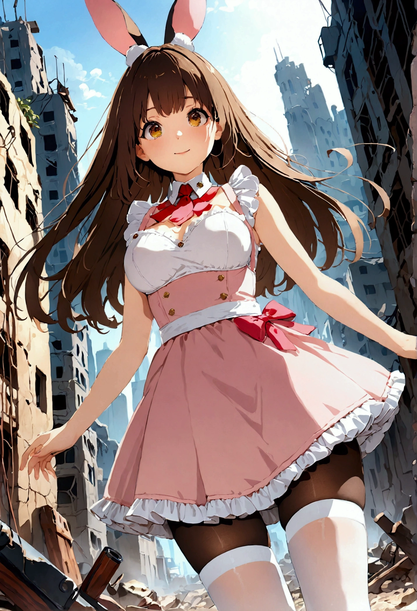 ((1girl)),  super fine illustration, vibrant colors, absurdres extremely detailed CG, 8k wallpaper, (masterpiece:1.3), dynamic angle, dynamic pose, 
best quality, depth of field, cinematic lighting, ultra detailed, brown long hair, very straight hair, large breast, white knit dress , 20yo, cute, very baby face, brown eyes, kawaii, tender smile, droopy eyes, arms at sides, pink leotad, white mechanical bunny ear, red necktie, pink maid uniform, white thighhighs pantyhose, modern military rifle:1.4, ruin city, Post-apocalypse