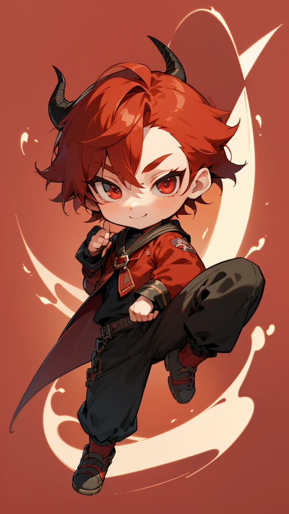 boy, full body, smile, thanks pose, ((cartoon style, chibi style)), cute, beautiful face, red color eye, beautiful eye, high detailed pupil, double eyelid, high detailed skin, high quality skin, red color hair, bangs, school outfit, professional lighting, masterpiece, horns, black horns, Dragon boy